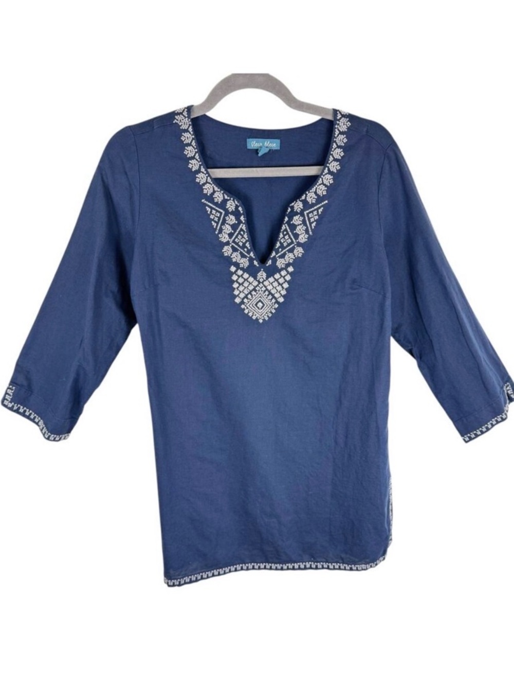 Fleur Bleue Navy Blue Linen Cotton 3/4 Sleeve Embroidered Tunic Top‎ Size M